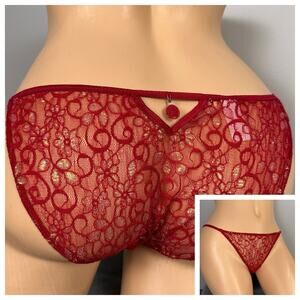 Vintage Biatta Intimates String Bikini Panty Red Lace Size Large 7 Sheer Shiny